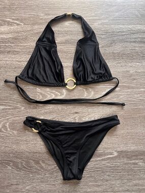 Black Ring-Accent Halter Bikini Set - Women Swim